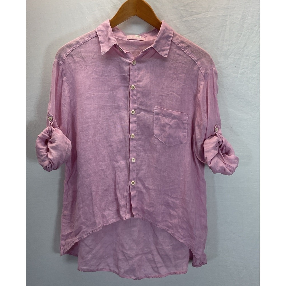 CP Shades Womens SM Pink/ purple roll tab Long Sleeve Hi -lo 100% linen shirt